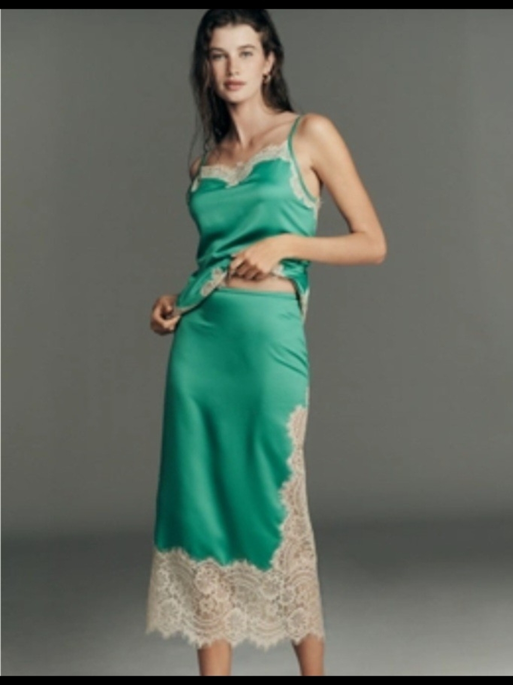 Satin Emerald Slip  with Cream Lace Trim set